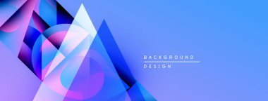 Soyut geometrik şekiller örtüşür, parlak mavi ve mor renkler yaratır. Modern tasarım teknoloji, yenilik, dijital sanat öneriyor.