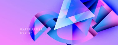 Soyut geometrik şekiller örtüşüyor, canlı mor ve mavi renkler yaratıyor. Modern tasarım elementleri yenilik ve teknoloji odaklanma öneriyor.