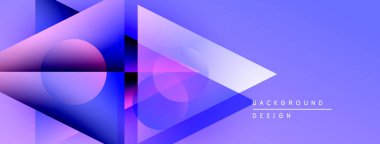 Soyut geometrik şekiller örtüşüyor, canlı mor gradyanlar yaratıyor. Modern tasarım öğeleri teknoloji, yenilik, gelecek kavramları önerir.