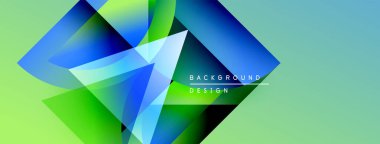 Soyut geometrik şekiller canlı mavileri, yeşillikleri harmanlarlar. Modern tasarım derinlik, hareket, dinamik görsel deneyim öneriyor. Arkaplanda metin ögeleri.