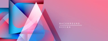 Soyut geometrik şekiller örtüşür, canlı pembeler, maviler, morlar yaratır. Modern tasarım öğeleri yenilik, enerji, görsel cazibe.