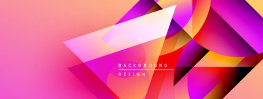 Soyut enerjik tasarım. Geometrik şekiller çakışıyor, dinamik gradyanlar yaratıyor. Pembe, turuncu, mor renkler kompozisyona hakim. Modern estetik.