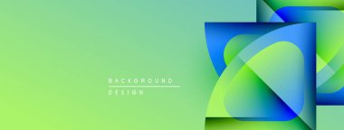Soyut geometrik şekiller örtüşür, canlı gradyanlar yaratır. Yeşil arka planda baskın, mavi aksanlar mevcut. Modern tasarım ögesi.