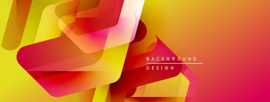 Soyut geometrik şekiller örtüşür, canlı gradyanlar yaratır. Sarılar, portakallar, kırmızılar dizaynın hakimi. Modern, dinamik kompozisyon.