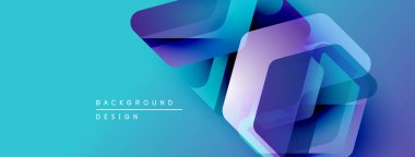 Soyut geometrik şekiller örtüşüyor, canlı mavi gradyanlar yaratıyor. Tasarım özellikleri katmanlı altıgenler, modern estetik. Arkaplan teknoloji ve yenilik öneriyor.