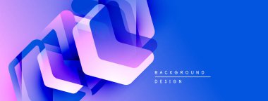 Soyut geometrik şekiller örtüşür, parlak mavi ve mor renkler yaratır. Modern tasarım teknoloji, yenilik, derinlik öneriyor.