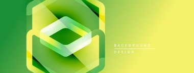 Soyut geometrik tasarım. Yeşil, sarı gradyanlar katmanlı altıgen şekilleri oluşturur. Arka planlar için modern, canlı görsel öğe.