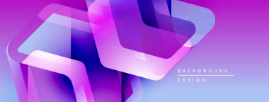 Soyut geometrik şekiller örtüşüyor, canlı mor gradyanlar yaratıyor. Modern tasarım teknoloji, yenilik, gelecek kavramları öneriyor.