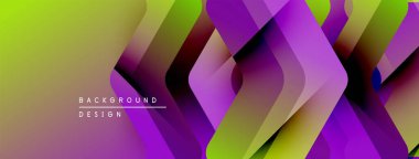 Soyut geometrik desen. Canlı gradyanlar mor, yeşil, altın karışımı. Modern tasarım dinamik hareket öneriyor, katmanlı şekiller.