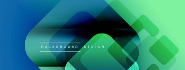 Soyut geometrik şekiller, canlı mavi-yeşil gradyan. Modern tasarım elementleri dinamik görsel doku oluşturur. Arkaplan özellikleri üst üste binen kareler.