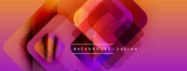 Soyut geometrik şekiller örtüşür, canlı bir gradyan arkaplan oluşturur. Sıcak renkler baskın, turuncudan mora dönüşüyor. Modern tasarım ögesi.
