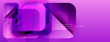 Soyut geometrik şekiller, mor gradyanlar, modern tasarım. Üst üste binen kareler dinamik görsel efekt yaratır. Minimalist stil.