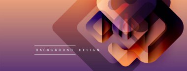 Soyut geometrik şekiller örtüşür, canlı bir değişim etkisi yaratır. Mor, turuncu renkler tasarımda baskın. Mevcut en küçük metin.