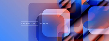 Soyut geometrik şekiller örtüşür, parlak mavi ve turuncu renkler yaratır. Modern tasarım elementleri teknoloji ve yenilik öneriyor. Mevcut en küçük metin.