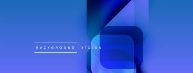 Soyut mavi arkaplan. Üst üste binen kareler dinamik görsel efekt yaratır. Modern tasarım elementleri teknoloji ve yenilik öneriyor. Basit metin etiketleri alt merkez.