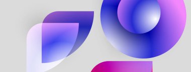 Soyut şekiller örtüşüyor, canlı mor ve mavi renkler yaratıyor. Modern tasarım teknoloji, yenilik, akıcılık öneriyor. Minimalist estetik.