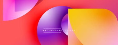 Soyut şekiller örtüşüyor, canlı gradyanlar yaratıyor. Kırmızı, mor, turuncu renkler tasarımda baskın. Metin arka plan tasarımı okur. Modern estetik.