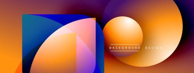 Soyut şekiller örtüşüyor, canlı gradyanlar yaratıyor. Turuncu, mor, mavi renkler kompozisyona hakim. Modern tasarım ögesi.