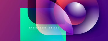 Soyut geometrik şekiller örtüşüyor, canlı renk eğimleri yaratıyor. Tasarımda deniz mavisi, mor, morumsu renkler var. Modern estetik.