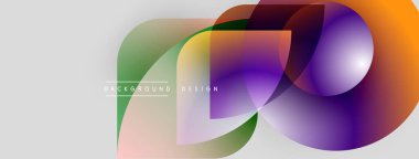 Soyut renkli şekiller örtüşür, dinamik görsel efekt yaratır. Modern tasarım elementleri akıcılık, enerji ve yenilik öneriyor. Arkaplan açık gri.