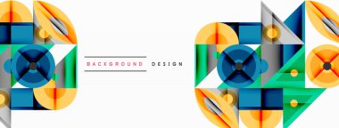 Soyut geometrik şekiller, canlı renkler, modern tasarım. Bileşik özellikler çemberler, kareler, üçgenler, dinamik desenler.