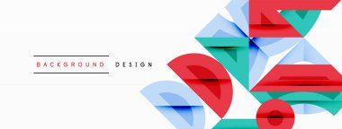 Soyut geometrik şekiller örtüşür, dinamik bileşim yaratır. Kırmızı, mavi, deniz mavisi renkleri beyaz arkaplana hükmediyor. Modern tasarım ögesi.