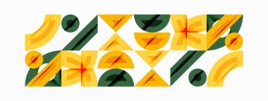 Soyut geometrik şekiller, sarı, yeşil, kahverengi. Tekrarlayan kalıplar görsel ritim yaratır, modern tasarım estetik.