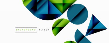 Soyut geometrik şekiller çakışıyor. Mavi, yeşil renkler beyaz alana hükmediyor. Modern tasarım elementleri dinamik bileşim oluşturur.