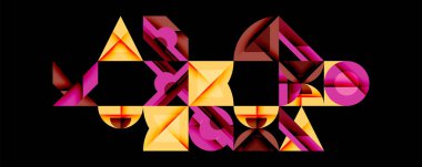 Soyut geometrik şekiller karmaşık bileşim oluşturur. Sıcak renkler baskın, siyah arkaplana karşı dinamik görsel ilgi yaratıyor.