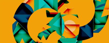 Soyut geometrik bileşim. Canlı renkler, keskin açılar, üst üste binen şekiller dinamik görsel efektler yaratır. Modern tasarım, kalın kontrast.