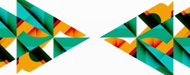 Geometrik desenler tekrar ediyor, simetrik tasarım yaratıyor. Teal, turuncu, siyah renkler beyaz arkaplana hakim. Modern soyut kompozisyon.