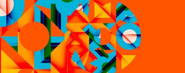 Soyut geometrik bileşim. Parlak renkler, şekiller örtüşüyor, dinamik görsel deneyim yaratıyor. Turuncu arka planda baskın.