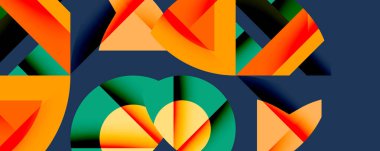 Soyut geometrik şekiller çakışıyor. Canlı turuncu, yeşil, sarı renkler koyu arkaplana hakim. Modern tasarım, dinamik kompozisyon.