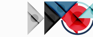 Soyut geometrik bileşim. Şekiller çakışıyor, dinamik görsel etki yaratıyor. Kırmızı, mavi, gri tonlar tasarımda baskın. Minimalist stil.