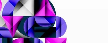 Soyut geometrik bileşim. Şekiller kesişir, dinamik görsel efekt yaratır. Mor, mavi renkler tasarımda baskın. Minimalist stil.