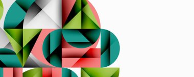 Soyut geometrik şekiller örtüşür, dinamik bileşim yaratır. Teal, kırmızı, yeşil renkler beyaz arkaplana hakim. Modern tasarım.