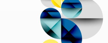 Soyut geometrik şekiller örtüşür, dinamik bileşim yaratır. Maviler, griler, sarılar dizaynın hakimi. Minimalist estetik.