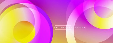 Soyut çemberler çakışıyor, canlı gradyanlar yaratıyor. Pembe, sarı, turuncu renkler kusursuz bir şekilde harmanlanır. Arka planlar için modern tasarım ögesi.