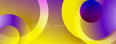 Soyut tasarım özellikleri üst üste binen renkli daireler. Gradyan renkler sarı, mor, turuncu karışımı dinamik görsel efekt yaratır. Modern estetik.