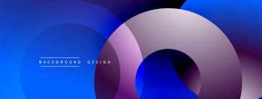 Soyut tasarım özellikleri üst üste binen daireler, gradyanlar. Mavi, mor renkler modern estetik yaratıyor. Minimalist biçim, mevcut metin ögesi.
