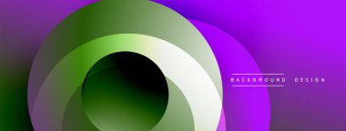 Soyut canlı tasarım dairesel şekillerle örtüşen özellikler. Gradyan renkler mor, yeşil, beyaz karışımı dinamik görsel efekt yaratır.