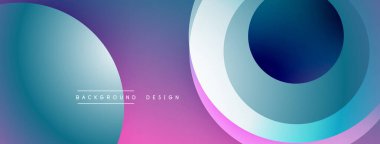 Soyut eğimler, üst üste binen daireler modern görseller yaratır. Pembe, mavi renkler kompozisyona hakim, basit metin mevcut.