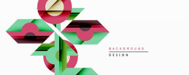 Soyut çiçek tasarımı. Geometrik şekiller şekillendirilmiş çiçekler, yapraklar, gövdeler yaratır. Kırmızı, yeşil renkler kompozisyona hakim. Minimalist estetik, modern arkaplan modeli.