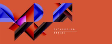 Soyut geometrik şekiller örtüşür, dinamik görsel efekt yaratır. Kırmızı, mavi, mor renkler turuncu arkaplan ile tezat oluşturuyor. Arka planlar için modern tasarım ögesi.