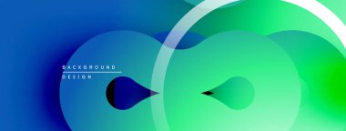 Soyut sıvı şekilleri, mavi yeşil gradyan. Üst üste binen daireler dinamik görsel efekt yaratır. Modern tasarım ögesi.