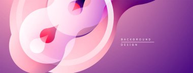 Soyut sıvı şekilleri, pembeler, morlar dinamik bir zemin oluşturur. Yumuşak eğimler, modern tasarım elementleri mevcut.