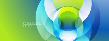Soyut tasarım katmanlı daireler, canlı renkler içerir. Gradyan yeşil, mavi, beyaz karışımı modern görsel efekt yaratır.