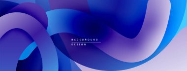 Soyut sıvı şekilleri, canlı maviler, morlar dinamik bir zemin oluşturur. Yumuşak eğimler hareketi, derinliği gösterir. Modern tasarım ögesi.