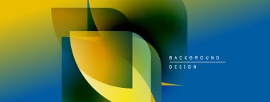 Soyut tasarım canlı sarı, mavi, yeşil gradyan içerir. Üst üste binen şekiller dinamik görsel efekt yaratır. Modern, temiz estetik.
