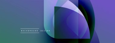 Soyut arkaplan özellikleri üst üste binen şekiller, gradyanlar. Mavi, mor renkler dizaynın hakimi. Minimalist metin mevcut. Modern estetik.